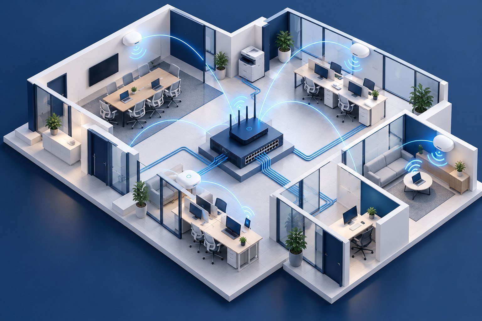 Isometric office network plan connecting work areas and wireless access points