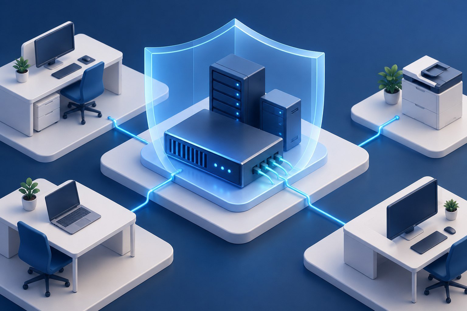 Network firewall and servers protected by a translucent blue shield