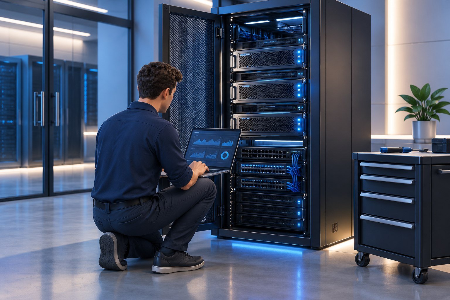 Technician monitoring a small-business server rack