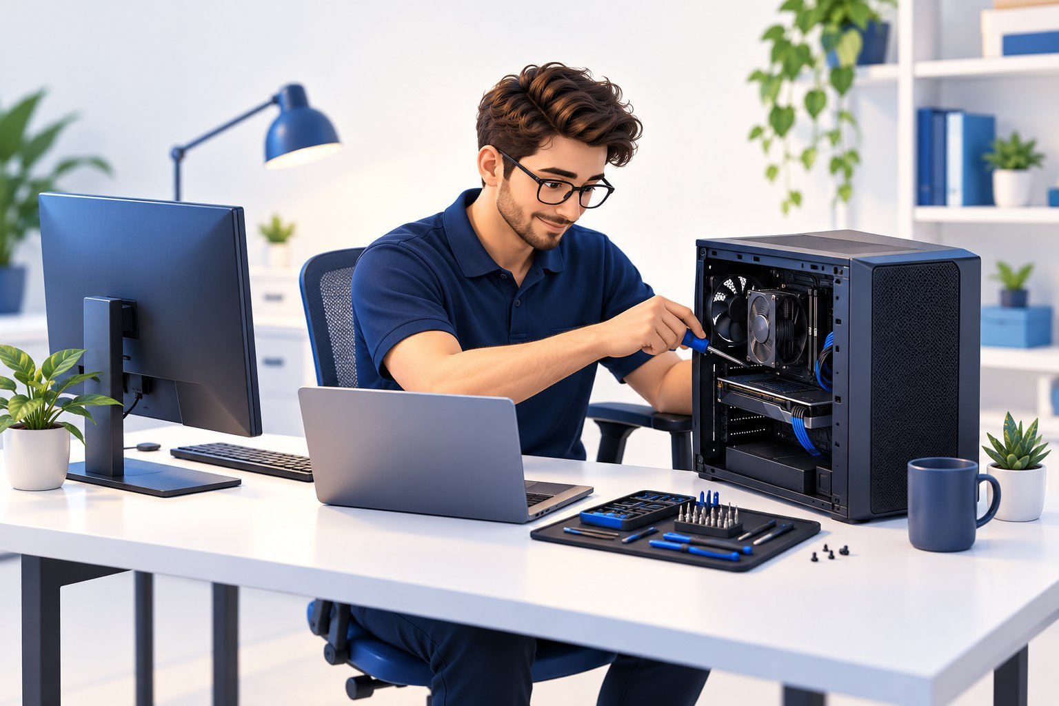 IT technician diagnosing a desktop computer at a workstation