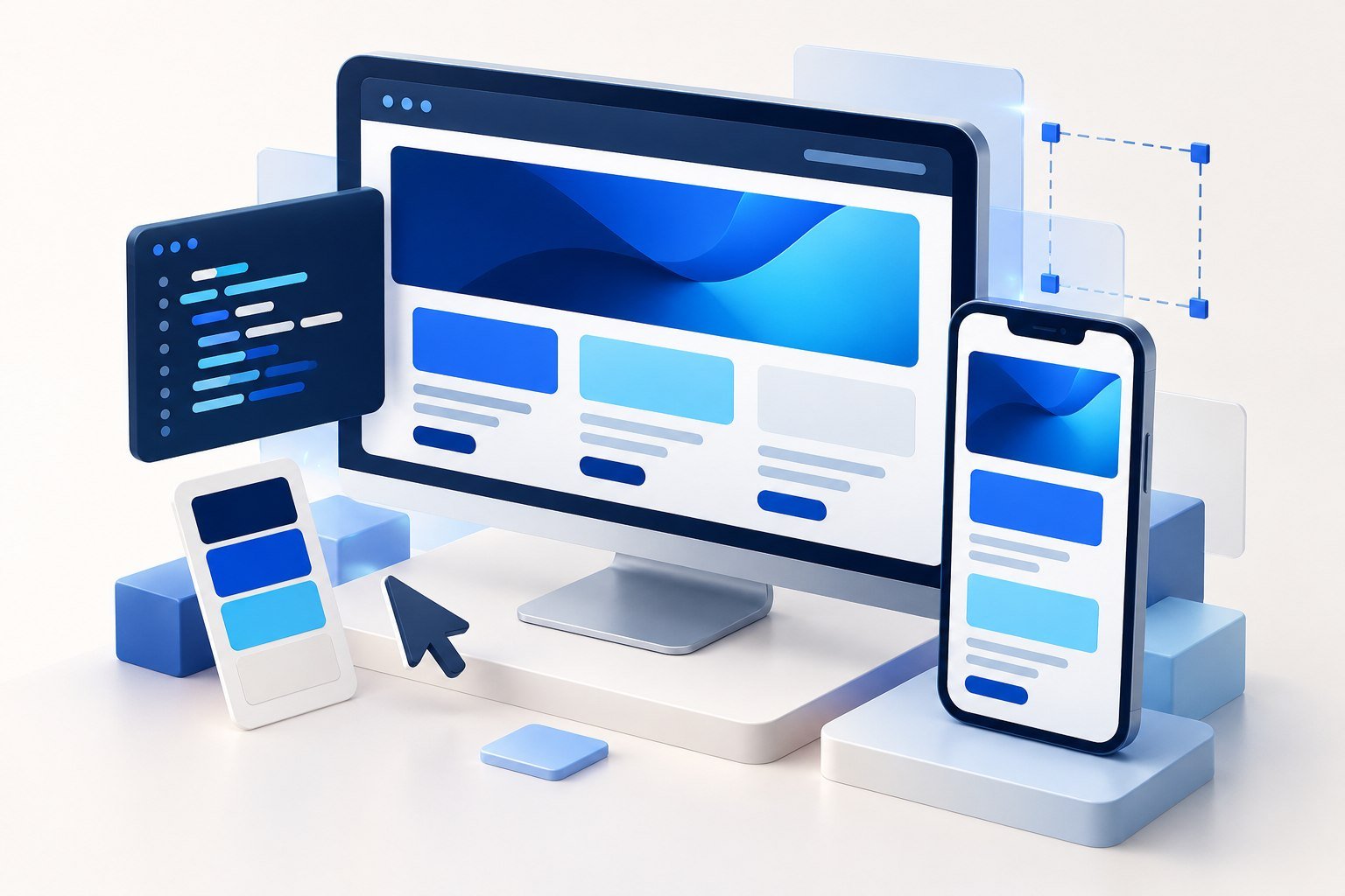 Responsive website designs displayed on a desktop monitor and smartphone
